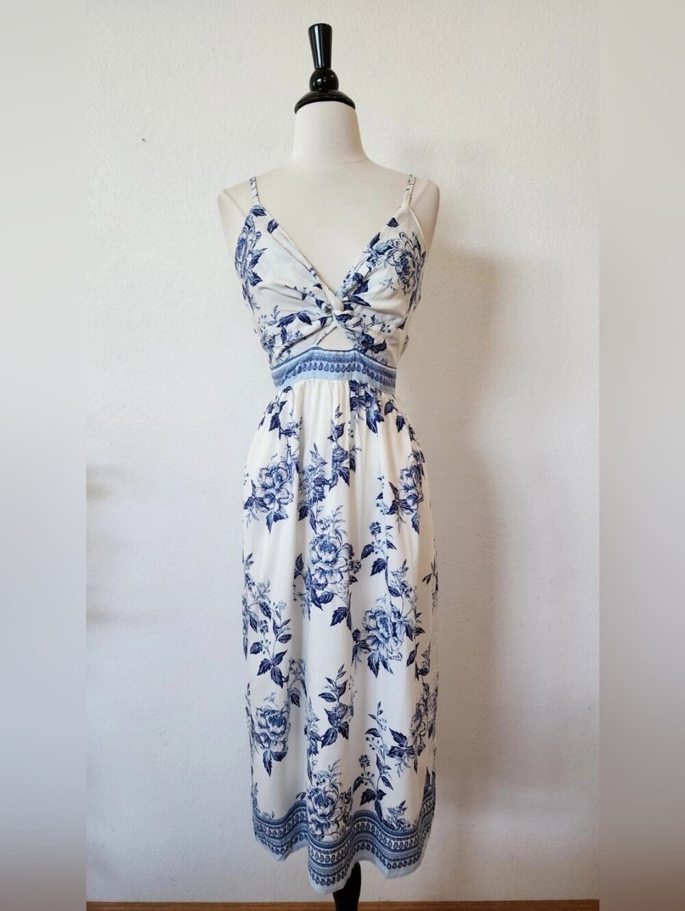 White & Blue Floral Midi Dress with Twist Front
